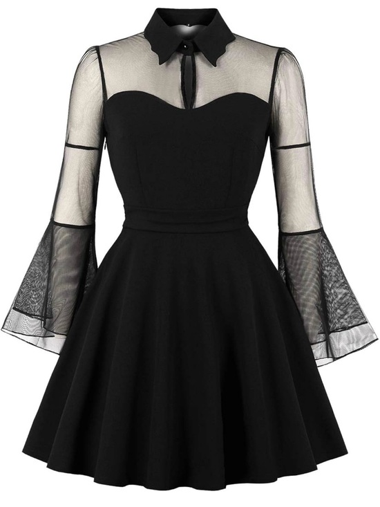 Dresses & Skirts - 🆕 Women’s Little Black Dress L US10 sheer bell sleeves goth bat stretchy